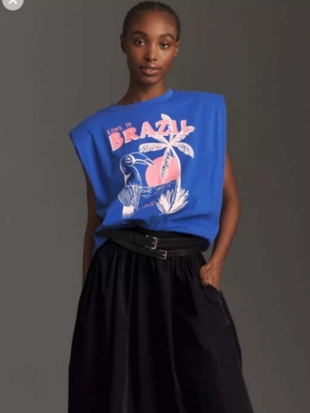 Farm Rio Come To Brazil T Shirt Blue Shoulder Pads